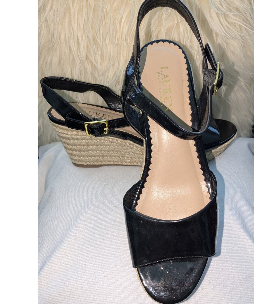 Lauren Ralph Lauren Sz 9B KEARA Shoes Patent Leather Wedge Platform Sandals